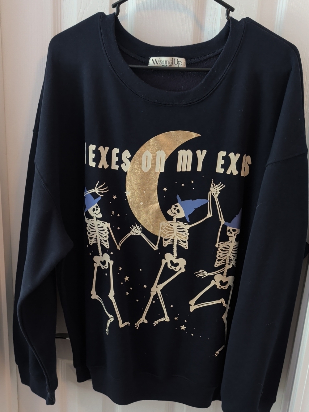 Halloween Sweatshirt with Gold Moon & Cream Skeletons. Hexes On My Exes.